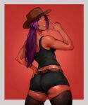  1girl absurdres ass belt black_tank_top black_thighhighs bleach cowboy_hat dark-skinned_female dark_skin english_commentary hat highres looking_at_viewer purple_hair shihouin_yoruichi sira_(si12o2) solo tank_top thick_thighs thighhighs thighs yellow_eyes 