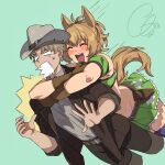  1boy 1girl animal_ears brown_gloves frilled_skirt frills gloves green_background highres horse_ears horse_girl horse_tail hug purple_thighhighs skirt sleepcatz taiki_shuttle_(umamusume) taiki_shuttle_(wild_frontier)_(umamusume) tail thighhighs trainer_(umamusume) umamusume 
