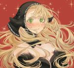  1girl alt_text bare_shoulders black_dress black_hood black_sleeves blonde_hair blush breasts bright_pupils cleavage closed_mouth colored_eyelashes commentary_request cross-laced_clothes cross-laced_dress detached_hood detached_sleeves dress dungeon_meshi fur-trimmed_sleeves fur_trim green_eyes highres long_hair looking_at_viewer marcille_donato marcille_donato_(lord) medium_breasts revision sasakura34 single_tear solo spoilers star_(symbol) strapless strapless_dress symbol-shaped_pupils tearing_up upper_body white_pupils 