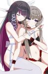  2girls black_bra black_choker black_hair black_panties black_thighhighs blue_bra blue_eyes blue_panties blue_thighhighs blush bra breasts choker closed_eyes closed_mouth columbina_(genshin_impact) commentary english_commentary frilled_bra frills garter_belt genshin_impact grey_hair hand_in_another's_hair head_wings highres lingerie long_hair maimai69 medium_breasts multicolored_hair multiple_girls navel panties purple_streaks sandrone_(genshin_impact) simple_background smile streaked_hair thighhighs underwear white_background wings yuri 