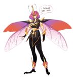  1girl adapted_costume alt_text antennae arm_at_side arthropod_girl belt bob_cut bridal_gauntlets cape commentary crown english_commentary english_text frooter_tooter_(dig) full_body gauntlets gold_trim gundam gundam_zz haman_karn insect_wings military_uniform neo_zeon pink_hair rhinoceros_beetle smile speech_bubble standing thought_bubble wings 