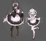 2girls :q alternate_hairstyle antennae apron arthropod_limbs black_hair black_shoes blue_eyes bow breasts bright_pupils claws colored_skin commentary densetsu.exe english_commentary enmaided gradient_hair green_bow green_hair grey_background grey_hair hair_rings hand_up heart heart_hands indie_virtual_youtuber large_breasts looking_at_viewer maid maid_headdress matara_kan matara_kan_(evil) mint_fantome mole mole_on_breast momo_(matara_kan) multicolored_hair multiple_girls official_alternate_hair_color official_art one_eye_closed open_mouth purple_bow purple_skin renkkai sample_watermark shoes short_hair simple_background small_breasts smile standing standing_on_one_leg striped_bow thighhighs tongue tongue_out virtual_youtuber waist_apron watermark white_apron white_bow white_pupils white_thighhighs yellow_eyes 