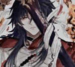  1boy beads black_hair blade_(honkai:_star_rail) blue_hair commentary_request earrings gradient_eyes gradient_hair halo highres honkai:_star_rail honkai_(series) jacket jewelry long_hair male_focus mismatched_earrings mortenax_blade_(honkai:_star_rail) multicolored_eyes multicolored_hair necklace open_clothes open_jacket parted_lips r1n_xdy red_jacket simple_background sword tassel weapon 