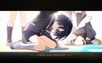  3boys aged_down alalen albedo_(genshin_impact) alternate_costume arm_at_side arm_up bent_over black_border black_hair black_jacket black_sailor_collar black_shirt black_shorts black_sleeves black_socks blunt_ends border child closed_mouth collared_shirt commentary_request contemporary cross cross_print durin_(genshin_impact) eyeliner foreshortening genshin_impact highres jacket kneehighs legwear_garter letterboxed long_sleeves looking_at_viewer makeup multiple_boys popped_collar purple_eyes purple_hair reaching reaching_towards_viewer red_eyeliner ribbed_shirt sailor_collar scaramouche_(genshin_impact) school_uniform seiza shirt shoes shorts sitting socks standing twitter_username undershirt uwabaki v-neck wariza white_background white_shoes white_socks wispy_bangs 