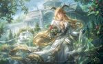  1girl animal_ears arknights artist_name birthday black_gloves blonde_hair closed_mouth degenbrecher_(arknights) floating_hair flower formal_clothes fountain gloves goat_ears goat_girl goat_horns happy_birthday helen_zzhao highres holding holding_flower horns long_hair looking_at_viewer pants partially_shaded_face sky solo standing suit sunlight tree white_pants white_suit yellow_eyes 
