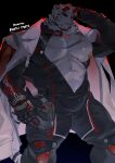  1boy abs absurdres animal_ears arknights bara black_background black_bodysuit black_gloves black_helmet bodysuit bulge character_name commentary edamrit english_text eyewear_on_head furry furry_male gloves helmet highres holding holding_unworn_helmet jacket jacket_on_shoulders looking_to_the_side male_focus mountain_(arknights) mountain_(hardcore_rider)_(arknights) multiple_scars muscular muscular_male navel nipples pectorals scar scar_across_eye scar_on_cheek scar_on_chest scar_on_chin scar_on_face scar_on_stomach sunglasses tail tiger_boy tiger_ears tiger_stripes tiger_tail untranslatable_commentary unworn_headwear unworn_helmet white_jacket 