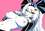  1girl absurdres breasts flowire_raister hair_between_eyes hair_ornament headband heart heart_hands highres lilith_(the_noexistencen_of_you_and_me) navel nipples no_bra red_eyes reverse_bunnysuit reverse_outfit the_noexistencen_of_you_and_me tongue tongue_out white_hair 
