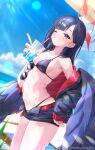  1girl beach belt bikini bikini_under_clothes black_bikini black_eyes black_hair black_jacket black_shorts black_wings blue_archive blue_sky breasts cloud commentary_request cup day disposable_cup drinking_straw feathered_wings grin halo highres holding holding_cup ichika_(blue_archive) ichika_(swimsuit)_(blue_archive) jacket long_hair long_sleeves looking_at_viewer low_wings miko_no_kamiko navel o-ring o-ring_bikini o-ring_top ocean official_alternate_costume one_eye_closed open_clothes open_fly open_jacket outdoors red_belt red_halo sand short_shorts shorts signature sky small_breasts smile solo stomach sunglasses swimsuit teeth twitter_username unusually_open_eyes wings 