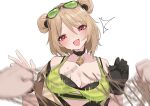  1girl absurdres bare_shoulders blurry blurry_foreground blush breasts brown_hair choker cleavage collarbone commentary_request double_bun girls'_frontline girls'_frontline_2:_exilium gloves hair_bun highres medium_breasts mityl_(girls'_frontline_2) open_mouth p90_(girls'_frontline) pov pov_hands red_eyes short_hair single_glove solo_focus sunglasses surprised sweatdrop tearing_clothes torn_clothes upper_body yanagui_yugi 