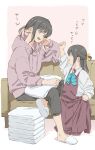  2girls black_hair black_pants brown_dress collared_shirt colored_inner_hair commentary_request couch dress dress_shirt fang grey_sweater halter_dress halterneck highres hood hooded_sweater if_they_mated kantai_collection long_hair mother_and_child mother_and_daughter multicolored_hair multiple_girls naganami_(kancolle) oversized_clothes pants parent_and_child pink_hair pleated_dress sabisuke_00up00 shirt slippers sweater translation_request white_shirt 