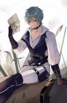  1boy ahoge arm_up belt belt_collar black_belt black_gloves boots buttons choker collar collarbone collared_shirt commentary_request dated earrings fingerless_gloves genshin_impact gloves green_hair grin hair_between_eyes hair_intakes highres holding holding_paper jewelry lapels lohen_(genshin_impact) lohen_(standardized_test)_(genshin_impact) male_focus mole mole_under_eye multicolored_eyes nekokoko official_alternate_costume open_collar pants paper pinstripe_pattern pinstripe_vest shirt short_hair single_earring sitting sitting_on_person smile solo thigh_strap twitter_username vest waistcoat white_pants white_shirt 