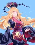  1girl absurdres black_dress black_hat blonde_hair breasts chinese_clothes closed_mouth commentary_request covered_sideboob crescent_print dalachi_(headdress) dress hat highres junko_(touhou) junko_day large_breasts long_hair long_sleeves neck_ribbon phoenix_print raptor7 red_eyes red_tabard ribbon tabard tolo touhou very_long_hair wide_sleeves yellow_ribbon 