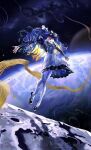  1girl apron black_dress black_shorts blue_eyes blue_hair brown_hair colored_inner_hair commentary dress earth_(planet) floating_hair frilled_apron frills full_body grin hair_intakes highres juliet_sleeves long_hair long_sleeves milky_way multicolored_hair outstretched_arms pantyhose planet puffy_sleeves reverse:1999 school_uniform short_dress shorts smile solo soviet_school_uniform space spread_arms star_(sky) twitter_username very_long_hair voyager_(reverse:1999) white_apron white_pantyhose wozwald_(wd_40) zero_gravity 