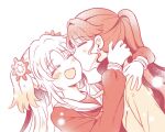  2girls :d arms_around_neck blush closed_eyes commentary dress earrings english_commentary fang flower fujishima_megumi fujishima_megumi_(post-graduation_casual) hair_flower hair_ornament hasu_no_sora_school_uniform heart heart_earrings highres jewelry kiss kissing_cheek long_hair long_sleeves love_live! love_live!_hasu_no_sora_jogakuin_school_idol_club mira-cra_park! monochrome multiple_girls neckerchief open_mouth orange_theme osawa_rurino parted_bangs ponytail sailor_collar sailor_dress school_uniform sidelocks skin_fang smile sweater turtleneck turtleneck_sweater twintails virtual_youtuber watage_modoki winter_uniform yuri 