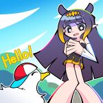  1girl absurdres bird blue_eyes blunt_bangs commentary duck gradient_hair hat highres hololive hololive_english long_hair looking_at_viewer mole mole_under_eye multicolored_hair ninomae_ina'nis ninomae_ina'nis_(1st_costume) orange_hair panty_&amp;_stocking_with_garterbelt_(style) parody pointy_ears purple_hair short_hair sico_de_seraph sidelocks smile solo style_parody subaru_duck tentacle_hair virtual_youtuber 