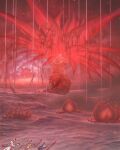  1girl 1other 2boys absurdres armor bibuo blood colored_skin commentary_request duchess_(elden_ring) elden_ring elden_ring_nightreign eldritch_abomination executor_(elden_ring) faceplant flower gameplay_mechanics guardian_(elden_ring) highres in-universe_location katana low_ponytail lying multiple_boys on_stomach polearm ponytail rain red_skin samurai sword twin_blades weapon weapon_bequeathed_harmonia_(elden_ring) white_hair wings 
