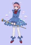  1girl ahoge blue_background blue_dress blue_eyes blue_hairband blue_socks bow bowtie bubble bubble_kirby commentary_request copy_ability dress frilled_dress frilled_socks frills full_body hairband highres holding holding_staff kanafumi_(spindle) kirby kirby_(series) looking_at_viewer mary_janes open_mouth oversized_object pantyhose personification pink_hair red_bow red_bowtie red_shoes shoes short_hair simple_background smile soap_bubbles socks socks_over_pantyhose solo staff standing star_(symbol) star_in_eye symbol_in_eye white_pantyhose 