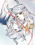  1boy 1girl anzhuodehaizicansibainiaolewuwuwu aqua_horns armlet black_headband blue_eyes blue_scales blue_tunic braid braided_hair_rings brother_and_sister chinese_commentary circlet closed_mouth collared_shirt commentary_request cropped_torso dragon_boy dragon_girl dragon_horns dress expressionless eyelashes gold_armlet grey_background grey_hair hair_rings hair_tubes headband high_collar highres horns infinity_nikki jewelry long_hair looking_at_another medael_(infinity_nikki) meghill_(infinity_nikki) nikki_(series) parksolian_(infinity_nikki) pointy_ears rotational_symmetry shirt short_hair siblings sleeveless sleeveless_dress slit_pupils string string_of_fate tunic upper_body very_long_hair white_dress white_shirt yellow_eyes 