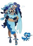  absurdres bead_bracelet bead_necklace beads blue_hair blue_sandals blue_skirt bracelet colored_eyelashes curly_hair dark-skinned_female dark_skin earrings emiartsss25 flower gecko gecqua highres jewelry lizard long_eyelashes long_hair necklace personification pokemon purple_eyes purple_flower reference_inset sandals signature simple_background skirt teardrop_earrings teardrop_ornament white_background 