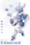  1boy aged_down ahoge alternate_costume animal_ears back_bow basket bib_collar blue_bow blue_capelet blue_eyes blue_flower blue_gem blue_hair blue_shoes blue_shorts bow capelet character_name child closed_mouth commentary_request drop_shadow edmond_(nu_carnival) flower footwear_bow frilled_capelet frilled_footwear frilled_shirt_collar frilled_shoes frills from_behind frown full_body gem hair_between_eyes halftone halftone_background highres holding holding_basket leg_up loafers long_sleeves looking_at_viewer looking_back nu_carnival ouji_fashion outline pout puffy_long_sleeves puffy_sleeves quilted_clothes rabbit_ears rabbit_tail shirt shoes short_hair shorts sushih_(20) tail thighhighs twitter_username upturned_eyes v-shaped_eyebrows white_background white_flower white_headdress white_outline white_shirt white_thighhighs zoom_layer 