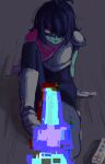  2others androgynous aqua_skin armor blue_bodysuit blue_hair blue_skin bodysuit breastplate cape chromatic_aberration colored_skin commentary_request controller crosshatching cuirass deltarune doka_(yatteyaruy0) game_controller glitch gloves greaves hair_over_one_eye halftone hatching_(texture) hero_sword_(deltarune) highres holding holding_sword holding_weapon kris_(dark_world)_(deltarune) kris_(deltarune) linear_hatching medium_hair messy_hair multiple_others nervous_sweating on_floor outstretched_arm parted_lips pauldrons pink_cape pixelated pointing_melee_weapon pointing_sword red_eyes sabaton scared shaded_face short_hair shoulder_armor single_pauldron sitting sweat sword torn_cape torn_clothes tv_world_(deltarune) utdr_(toby_fox) weapon white_gloves wooden_floor 