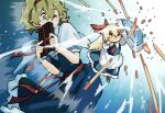  >_o 2girls alice_margatroid blonde_hair blue_dress blue_eyes book bow capelet closed_mouth commentary dress frilled_hairband frills grimoire grimoire_of_alice hair_between_eyes hair_bow hairband highres holding holding_shield multiple_girls one_eye_closed red_bow red_hairband red_sash sash shanghai_doll shield touhou touhou_lost_branch_of_legend tuck_(tuck23978434) waist_sash white_capelet yellow_eyes 