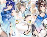  3girls :d :o alternate_costume animal_ears aqua_ribbon aqua_shirt arm_up bamboo_steamer black_thighhighs blue_eyes blue_hair blue_ribbon breasts brown_hair cheval_grand_(umamusume) china_dress chinese_clothes cleavage cleavage_cutout clothing_cutout commentary_request covered_navel cropped_shirt double_bun dress food grin hair_bun hair_ornament hair_ribbon highres holding holding_plate horse_ears horse_girl horse_tail large_breasts long_hair looking_at_viewer maid maid_headdress marker_(medium) midriff mouth_hold multicolored_hair multiple_girls navel open_mouth panda_hair_ornament pankou plate qi_maid ribbon shin_kun30 shirt short_hair short_sleeves siblings sisters sleeveless sleeveless_dress smile steamed_bun streaked_hair tail thigh_strap thighhighs thighs traditional_media umamusume v_sisters verxina_(umamusume) vivlos_(umamusume) watermark white_streaks white_thighhighs 