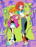  2girls artist_name belt black_shirt blue_eyes blue_pants blue_shirt breasts broken_heart_print brown_hair clenched_hand closed_mouth commentary_request cosplay costume_switch d-ark dated denim digimon digimon_beatbreak digimon_tamers digivice fist_bump flu_cocos full_body hand_on_own_hip hands_in_pockets hood hood_down hooded_jacket in-franchise_crossover jacket looking_at_viewer makino_ruki makino_ruki_(cosplay) multicolored_hair multiple_girls open_clothes open_jacket orange_hair pants pink_jacket print_shirt purple_background purple_eyes sakuya_reina sakuya_reina_(cosplay) sapotama shirt shorts smile standing star_(symbol) star_print trading_card two-tone_hair white_shirt white_shorts yellow_background yellow_shirt 