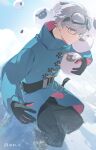  1boy baggy_pants belt bilibili_logo black-framed_eyewear black_gloves black_pants black_undershirt blue_coat blue_eyes blue_sky chinese_commentary cloud coat commentary fate/grand_order fate_(series) full_body glasses gloves goggles goggles_on_head high_collar highres holding holding_stuffed_toy jacques_de_molay_(saber)_(fate) jacques_de_molay_(saber)_(second_ascension)_(fate/grand_order) looking_at_viewer male_focus outdoors pants rectangular_eyewear rhg_g short_hair signature sky snow solo stuffed_animal stuffed_sheep stuffed_toy two-sided_fabric white_hair 