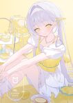  1girl bead_necklace beads cake commentary_request commission cup dessert dress dress_under_shirt escape_25dm food fruit hair_ribbon highres indie_virtual_youtuber jewelry layer_cake lemon lemon_slice long_hair looking_at_viewer macaron necklace no_pupils pastry remone_id ribbon shirt short_sleeves sitting skeb_commission smile solo teacup teapot tiered_tray tile_floor tiles very_long_hair virtual_youtuber white_dress white_hair yellow_background yellow_eyes yellow_ribbon yellow_shirt yellow_theme 
