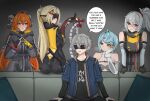  1boy 4girls ahoge ass asymmetrical_gloves bare_shoulders black_gloves black_hat black_horns black_pants blindfold_mask blonde_hair blue_eyes blue_hair blush breasts camouflage camouflage_jacket camouflage_pants closed_mouth condom condom_packet_strip condom_wrapper couch covered_eyes curled_horns dragon_girl dragon_horns dress elbow_gloves english_text fingerless_gloves flower_hairpin gloves green_eyes hair_between_eyes hair_ornament hairclip hand_on_own_cheek hand_on_own_face hat highres horns index_fingers_together jacket large_breasts leaning long_hair looking_at_another magus_(zenless_zone_zero) mask mechanical_horns mechanical_tail meme mismatched_gloves mole mole_on_shoulder multiple_girls na_(naneesan1) on_couch open_mouth orange_eyes orange_hair orange_pupils orphie_magnusson pants piper_perri_surrounded_(meme) pointy_ears ponytail sabotaged_condom see-through_clothes seed_(zenless_zone_zero) short_hair single_fingerless_glove smile soldier_11_(zenless_zone_zero) speech_bubble tail tight_clothes tight_pants trigger_(zenless_zone_zero) twintails white_gloves white_hair wise_(zenless_zone_zero) yellow_gloves zenless_zone_zero zipper_dress 