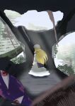  1girl abandoned absurdres blonde_hair building commentary_request day dress from_behind gap_(touhou) gasubanana hat hat_ribbon highres light_rays long_dress long_hair long_sleeves mob_cap overgrown partial_commentary purple_tabard red_ribbon ribbon ribbon-trimmed_headwear ribbon_trim ruins skyscraper sleeve_garter solo standing tabard touhou very_long_hair white_hat yakumo_yukari 
