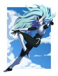  1girl abs armor black_bodysuit black_gloves blue_sky bodysuit border borrowed_character breastplate cloud colored_skin commentary cyto_(jenxd_d) eyelashes floating_hair full_body gloves green_hair helmet highres long_hair looking_at_viewer original outside_border pale_skin pointing pointing_at_viewer shin_guards silver_armor skin_tight sky smile solo white_border white_skin wrist_guards xavisketch yellow_eyes 