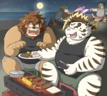  2020 anthro ashigara beach belly bottomwear brown_body brown_fur canid canine canis clothing detailed_background domestic_dog felid fireworks food fur group hi_res hon55728 humanoid_hands kemono licho_(tas) lion male male_focus mammal moon night outside pantherine seaside shirt shorts sitting tiger tokyo_afterschool_summoners topwear ursid video_games water white_body white_fur yasuyori 