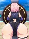  1girl ass back backboob bent_over blue_sky breasts cameltoe cloud commentary_request elbow_gloves fate/grand_order fate_(series) gloves highres leotard mash_kyrielight outdoors purple_gloves purple_hair regls shield short_hair sky solo thigh_strap 