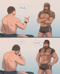  2boys bara beanie beard black_hair blue_eyes boxers bulge chest chest_hair couple crossed_arms english_text facepalm facial_hair glaz_(rainbow_six_siege) goatee hand_on_hip hat highres kapkan_(rainbow_six_siege) levasoj male_focus male_underwear multiple_boys muscle nipples pointing_at_another rainbow_six_siege revealing_clothes sequential speech_bubble underwear yaoi 