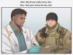  2boys beanie beard black_hair blue_eyes camouflage character_request closed_eyes doctor english_text facial_hair fingerless_gloves glaz_(rainbow_six_siege) gloves goatee hat implied_yaoi levasoj male_focus meme military military_uniform multiple_boys parody parody_request rainbow_six_siege short_hair stethoscope subtitled uniform upper_body yaoi 