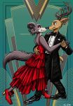  1920s anthro art_deco backless_dress beastars black_tie black_tie_(suit) brown_body brown_fur canid canine canis cervid clothed clothing dancing dress duo eye_contact female footwear fur hand_holding hand_on_back hi_res high_heels juno_(beastars) looking_at_another looking_at_partner louis_(beastars) male male/female mammal multicolored_body multicolored_fur red_clothing red_dress romantic_couple shoes suit thelivingshadow two_tone_body two_tone_fur white_body white_fur wolf 
