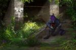  2020 anthro canid canine canis clothed clothing day detailed_background digital_media_(artwork) fur grass kuroi-kisin male mammal musical_instrument outside purple_body purple_fur sitting solo wolf 