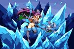  1girl armor bikini_armor black_footwear black_gloves boots cape elbow_gloves gloves headgear holding holding_staff holding_weapon ice icicle long_hair lowres magus_(seiken_densetsu_3) open_mouth pixel_art pointy_ears purple_hair seiken_densetsu seiken_densetsu_3 solo staff thigh_boots thighhighs warabin_(suteki_denpun) weapon 