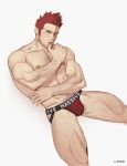  1boy abs absurdres ajproton bara blue_eyes boku_no_hero_academia bulge chest chest_hair facial_hair facial_scar feet_out_of_frame hairy highres jockstrap looking_at_viewer male_focus manly muscle navel_hair nipples red_hair scar short_hair solo spiked_hair stubble thick_thighs thighs thumb_to_mouth todoroki_enji underwear underwear_only white_background 