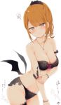  1girl artist_name bangs bare_shoulders black_bra black_legwear black_panties black_scrunchie black_wings blush bow bow_bra bra bra_pull bracelet breasts brown_hair cleavage closed_mouth commentary cross cross_necklace frilled_bra frilled_panties frills grey_eyes hair_ornament hair_scrunchie half-closed_eyes highres jewelry lace lace-trimmed_legwear lace_bra lace_panties lace_trim leaning_forward light_frown lingerie long_hair looking_at_viewer low_wings medium_breasts medium_hair mole mole_on_body mole_under_eye multiple_moles muuran necklace original panties partially_translated ponytail pulled_by_self scrunchie signature simple_background solo squiggle standing strap_slip swept_bangs tearing_up thighhighs translation_request underwear underwear_only white_background wings 