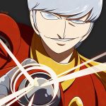  1boy albert_heinrich cyborg_009 dated grey_background hand_up looking_at_viewer male_focus silver_eyes silver_hair simple_background smirk solo sorges upper_body 