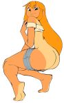  1girl absurdres ass barefoot black_eyes boonsky commentary commission denim denim_shorts english_commentary full_body highres long_hair one-piece_tan orange_hair original short_eyebrows short_shorts shorts shorts_pull smirk soles solo squatting strapless tan tanline tiptoes toes tubetop white_background 