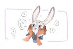  2016 anthro bodily_fluids dialogue disembodied_hand disney duo face_squish fur grey_body grey_fur japanese_text judy_hopps lagomorph leporid mammal open_mouth purple_eyes rabbit simple_background speech_bubble squish sweat sweatdrop text white_background zootopia 