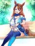  1girl :d animal_ears bag bare_shoulders bench black_scrunchie blue_bag blue_bow blue_eyes blue_legwear blue_scarf bow braid breasts brown_hair covered_navel eyebrows_visible_through_hair hair_bow handbag head_tilt horse_ears large_breasts long_hair looking_at_viewer round_teeth scarf scrunchie sitting smile solo super_creek_(umamusume) suzuki24 tareme teeth thighhighs umamusume wrist_cuffs 