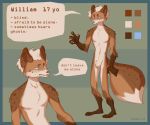  2020 4_toes 5_fingers absurd_res anthro blind blind_eye blue_eyes brown_body brown_fur canid canine damnrat dialogue english_text fingers fox fur hair hi_res male mammal model_sheet orange_body orange_fur pawpads puffy_tail smaller_version_at_source solo speech_bubble standing text toes william_the_blind_fox 