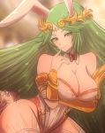  1girl animal_ears arm_under_breasts breasts bunny_ears english_commentary fake_animal_ears green_eyes green_hair highres kid_icarus kid_icarus_uprising large_breasts long_hair looking_at_viewer omiza_somi palutena playboy_bunny smile solo very_long_hair 