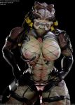  alien anthro breasts english_text female fishnet hair humanoid looking_at_viewer nipples not_furry predator_(franchise) profanity simple_background solo text yautja 