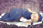  1girl artoria_pendragon_(all) artoria_pendragon_(caster) bangs black_legwear blonde_hair blue_cape blue_headwear cape closed_eyes hat long_hair long_sleeves lying on_side ribbon shirt shiseki_hirame sleeping solo white_shirt 